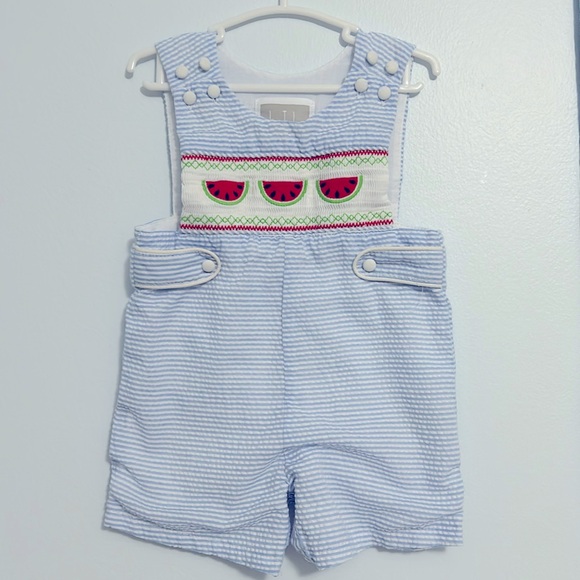 Lil’ Cactus seersucker and smocked watermelon shortalls. - Picture 1 of 2